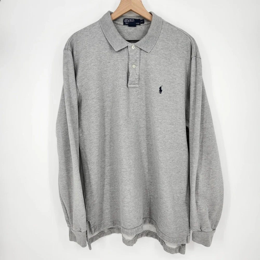 Polo Ralph Lauren Mens Long‎ Sleeve Polo Shirt Size XL Light Gray Classic Preppy